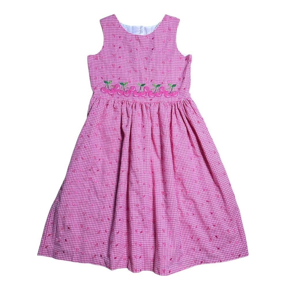 Rare Editions Pink Gingham Cherry Print Casual Midi Dress Girls 8/10